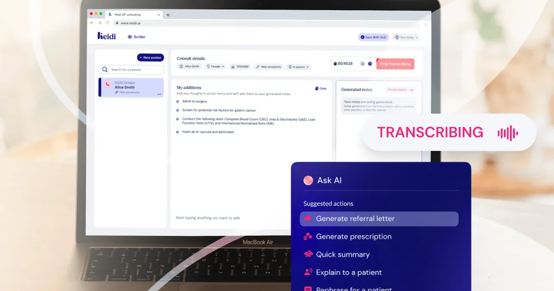   A laptop showing Heidi Clinician's AI-powered features