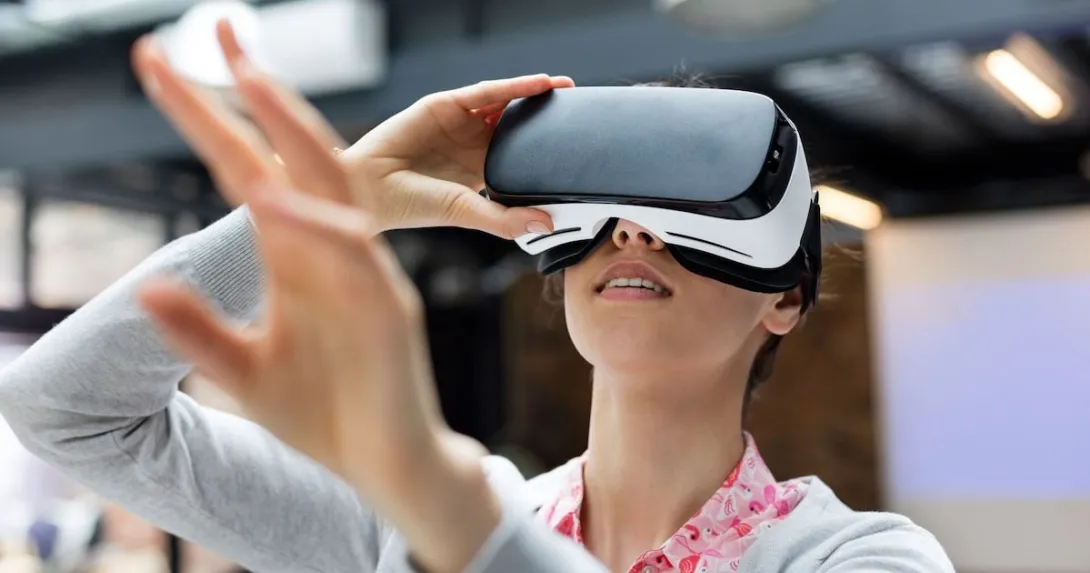 A woman wearing a virtual reality headset
